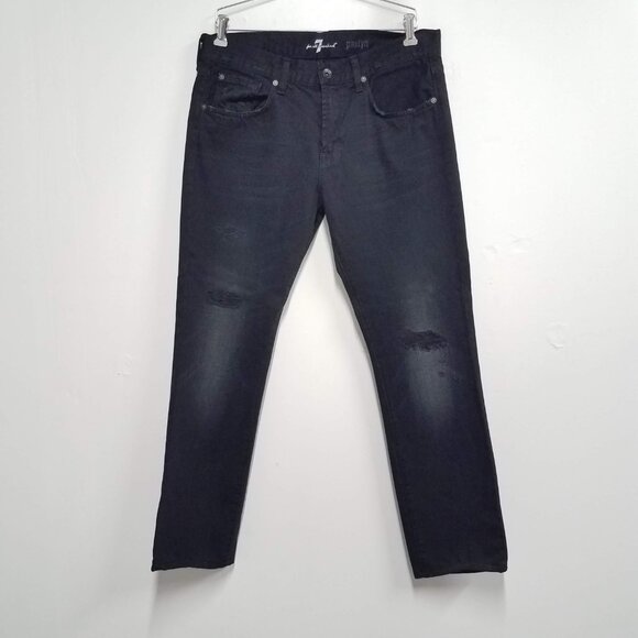 7 For All Mankind Jeans Black Mens 33 Paxtyn Distressed Denim AT139621AP - Picture 2 of 12